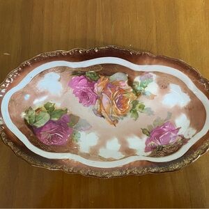Rare Vtg Three Crown China Floral  Porcelain Bowl HandPainted Oval Dish